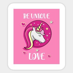 Be Unique Love Beautiful Unicorn Head With Stars And Hearts Sticker